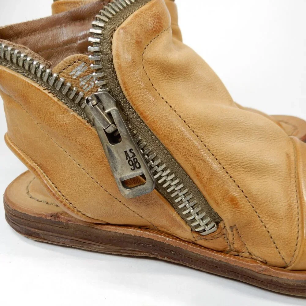 A.S.98 Ritchie Flat Sandals Peep Toe Bootie EU 36 5.5 6 Camel Leather Zipper NEW - Picture 7 of 12
